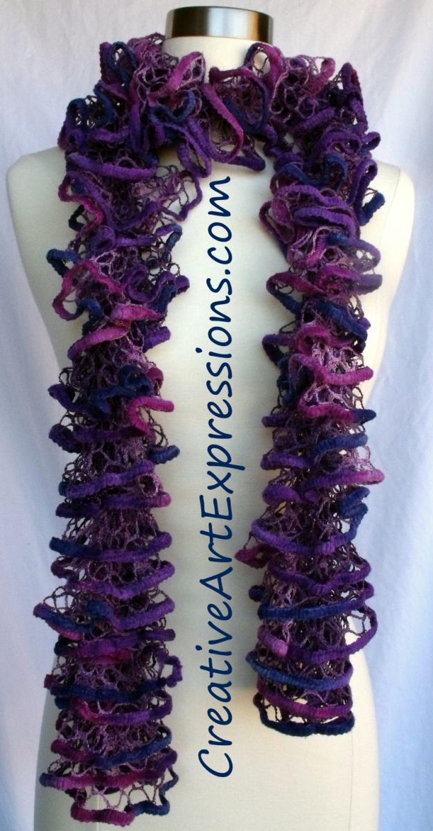 Creative Art Expressions Hand Knit  Purple & Blue Ruffle Scarf